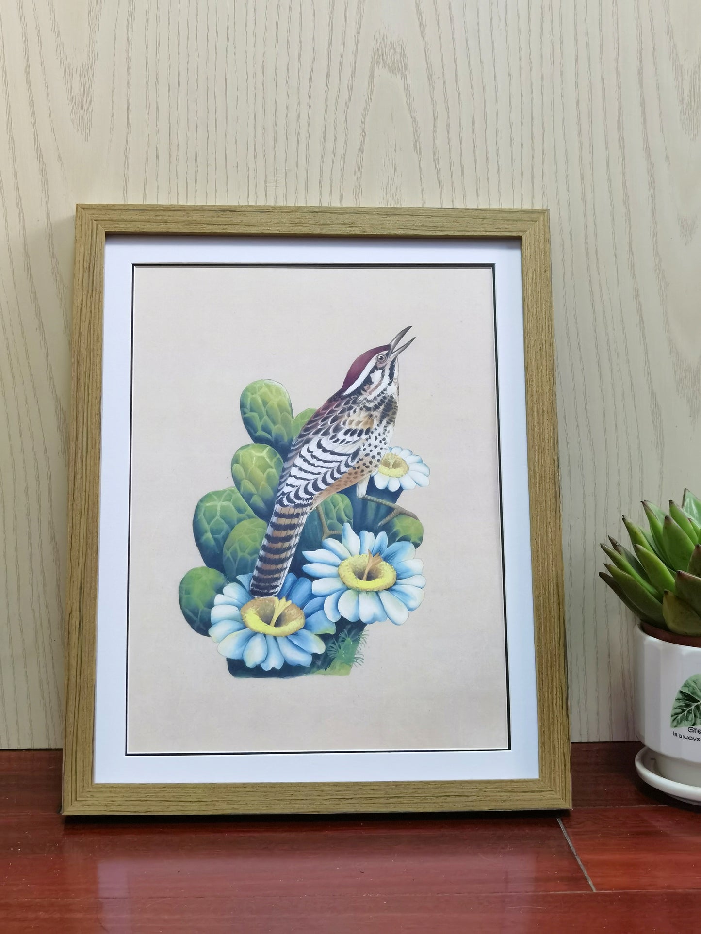 Póster enmarcado con imagen impresa, pintura hecha a mano, pájaro del estado de Arizona, cactus wren - Envío gratuito