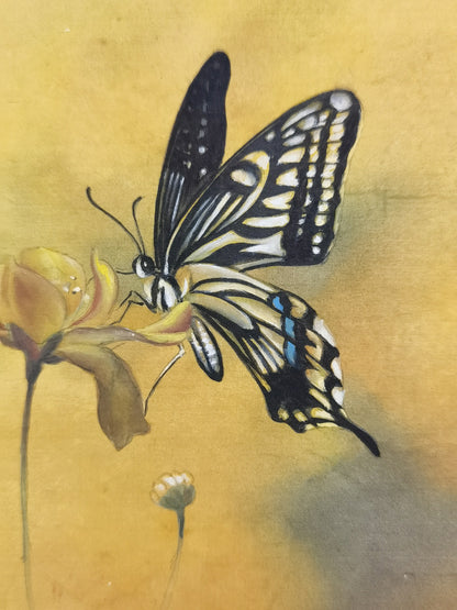 Butterfly Perception Handmade Art Printing Insects Yellow Flower with Wood Frame