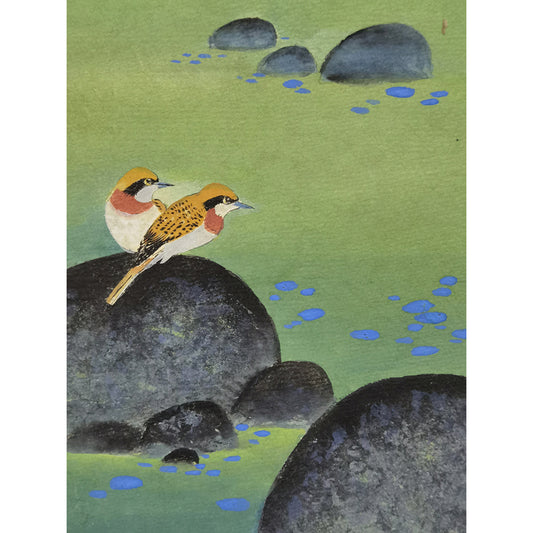 Hand-painted Yellow Warblers on Pond Rocks Artwork – Watercolor Technique, Premium MATT Paper, Natural Wood Frame, Multiple Sizes & Colors