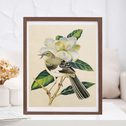 MockingBird State Bird Handmade Art Printing Mississippi Magnolia with Wood Frame