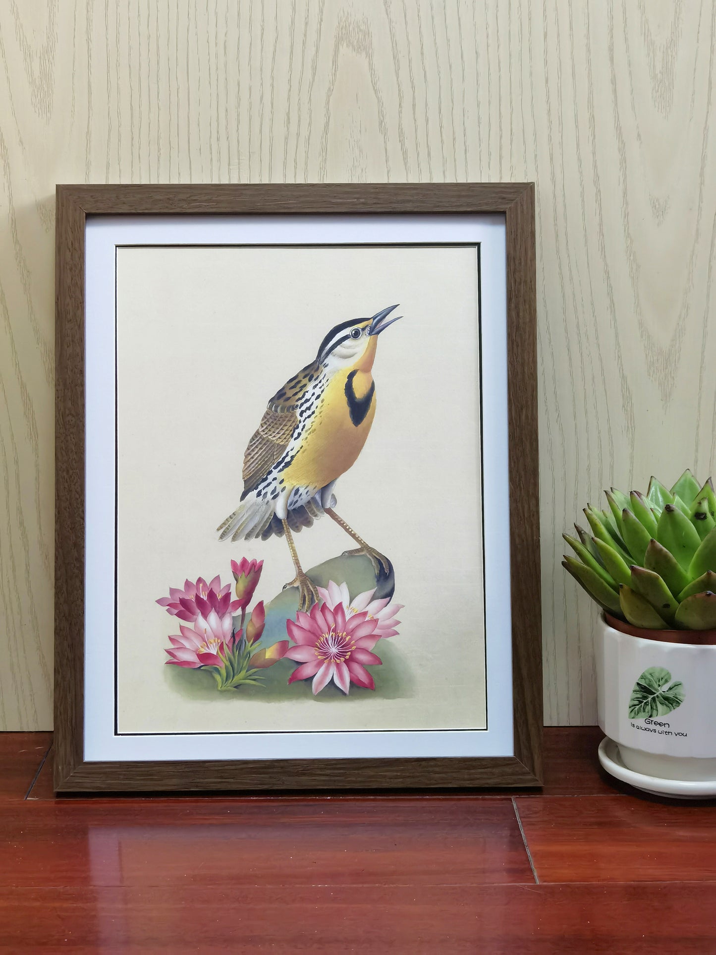 Western Meadowlark Montana Bird Handmade Painting Art Solid Wood Framed Poster Picture Print Artwork- Free Shipping