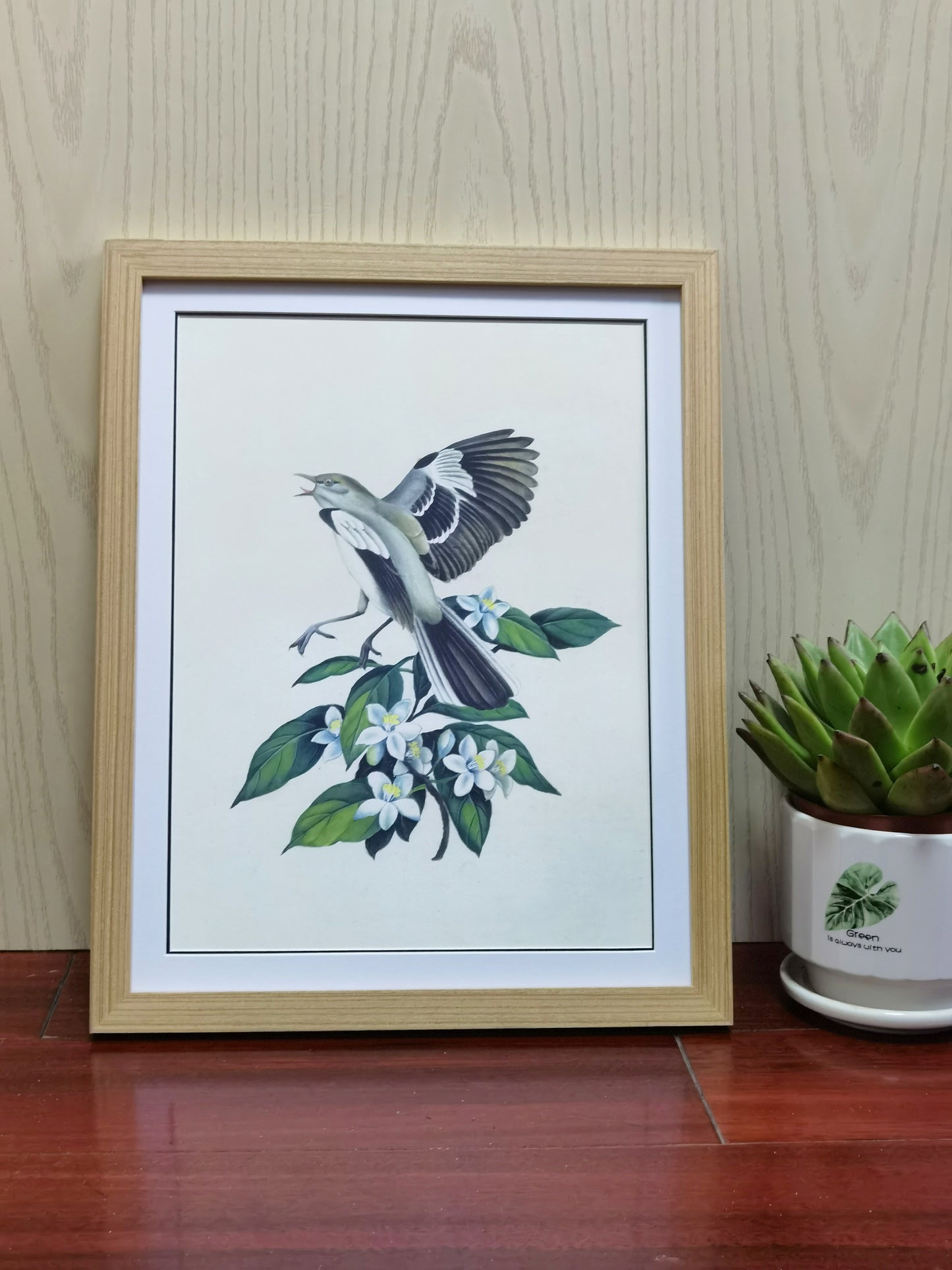 Mockingbird Florida State Bird Handmade Painting Art Solid Wood Framed Poster Picture Print Artwork - Free Shipping