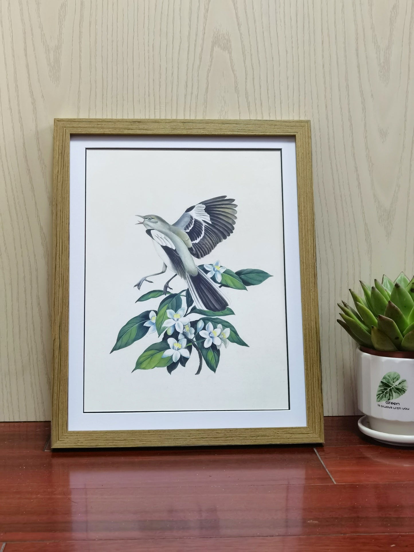 Mockingbird Florida State Bird Handmade Painting Art Solid Wood Framed Poster Picture Print Artwork - Free Shipping