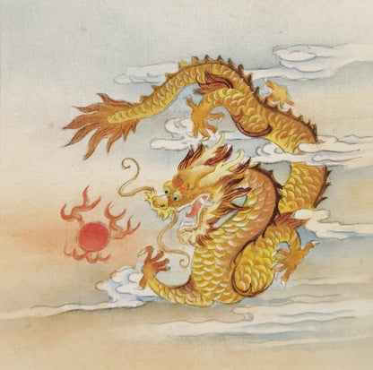 Golden Dragon Perception Handmade Art Printing Animal Auspicious Fiery Fierce with Wood Frame