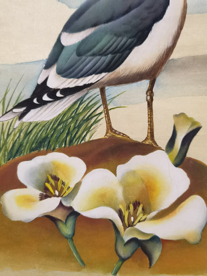 Common American Gull State Bird Handmade Art Printing Utah Sego Lily with Wood Frame