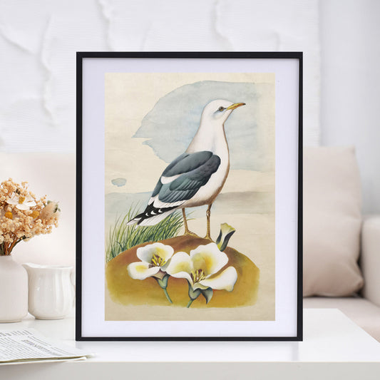 Common American Gull State Bird Handmade Art Printing Utah Sego Lily with Wood Frame