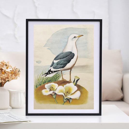 Common American Gull State Bird Handmade Art Printing Utah Sego Lily with Wood Frame