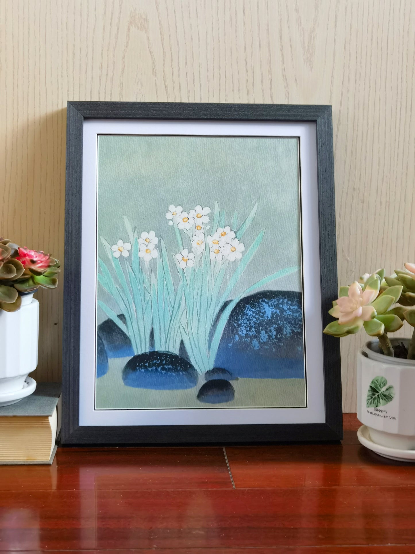 Pintura al óleo hecha a mano con paisaje de flores de narciso, póster enmarcado, imagen impresa, obra de arte - Envío gratuito