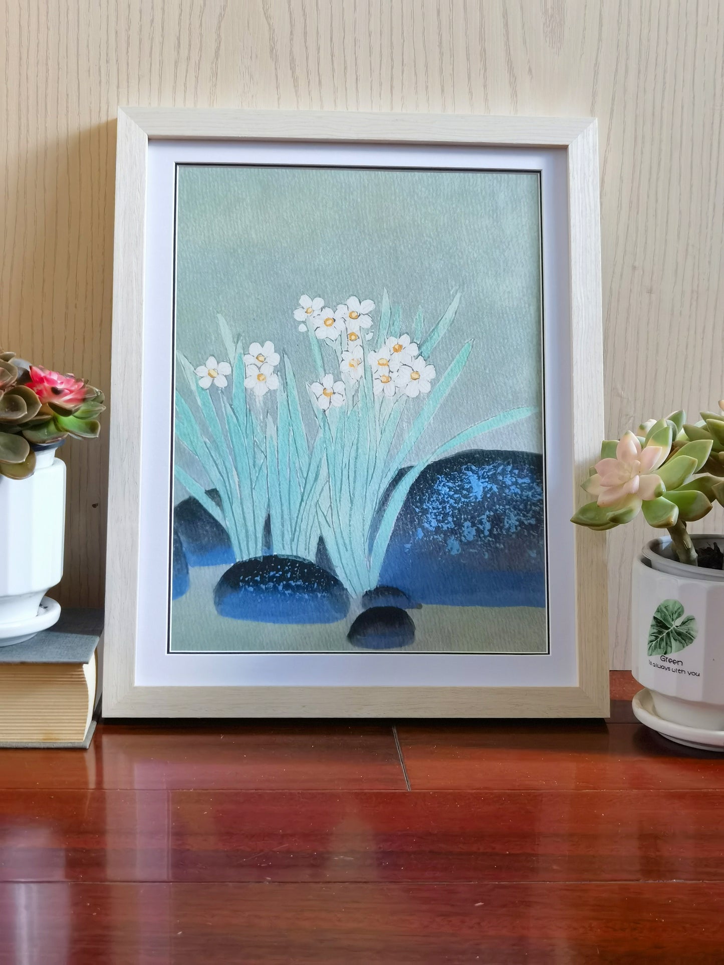 Pintura al óleo hecha a mano con paisaje de flores de narciso, póster enmarcado, imagen impresa, obra de arte - Envío gratuito