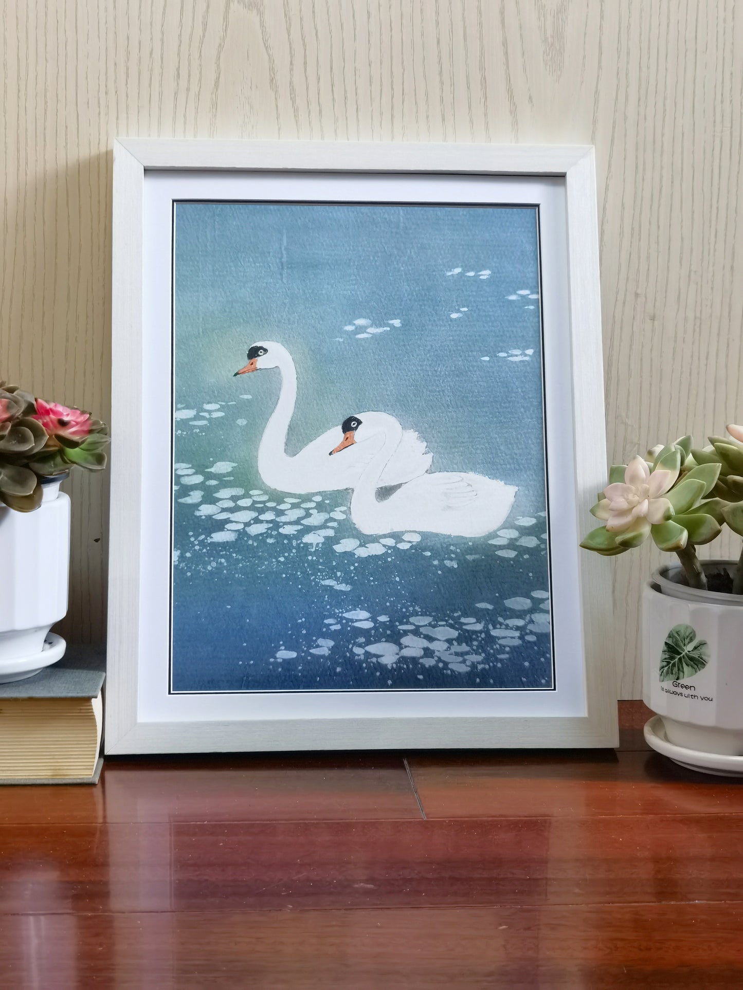 White Swan Landscape Handmade Painting Art Solid Wood Framed Poster Picture Print Artwork - Free Shipping