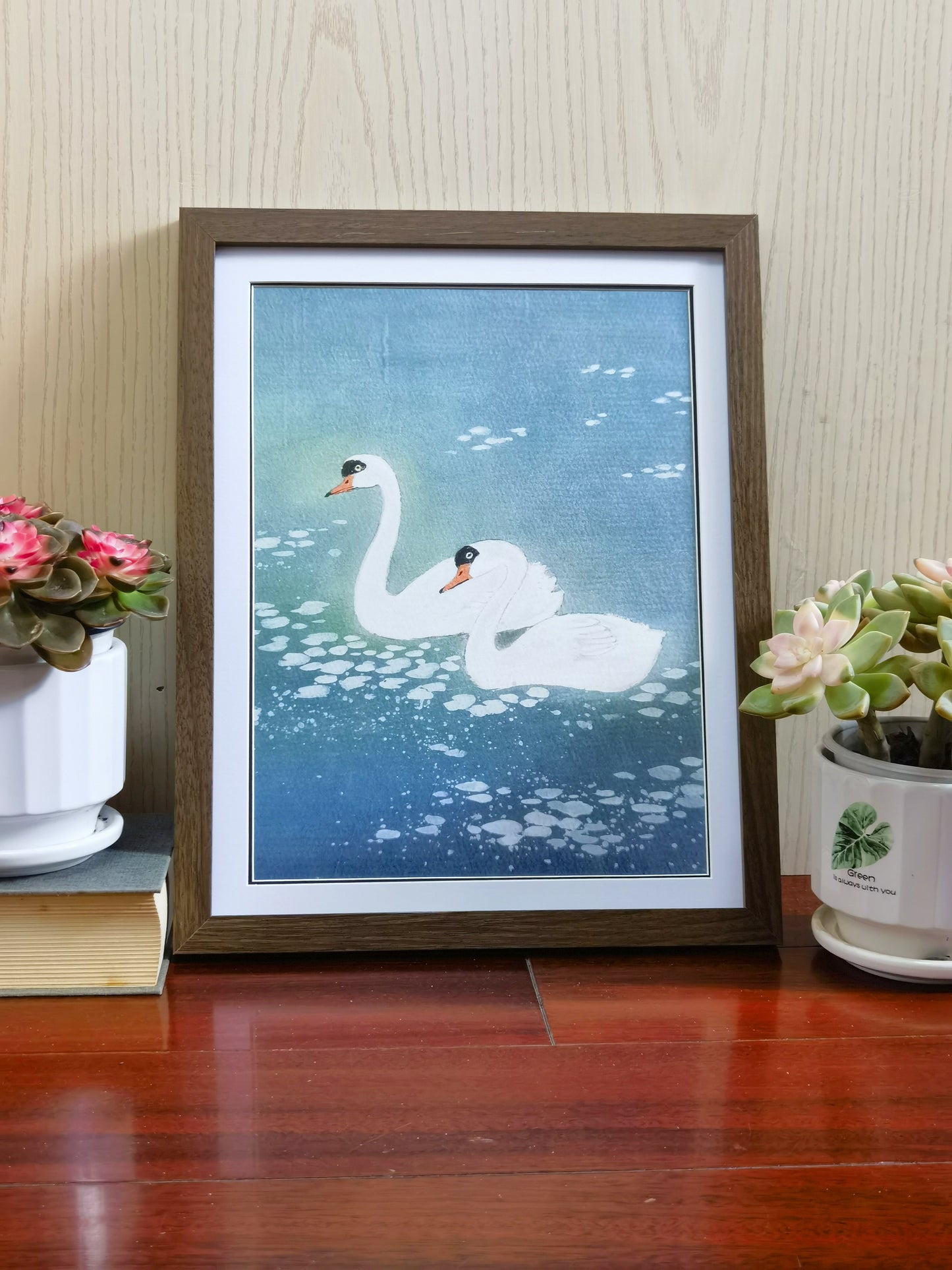 White Swan Landscape Handmade Painting Art Solid Wood Framed Poster Picture Print Artwork - Free Shipping