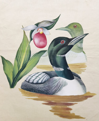 Common Loon State Bird Handmade Art Printing Minnesota Pink and White Lady's Slipper Flower with Wood Frame