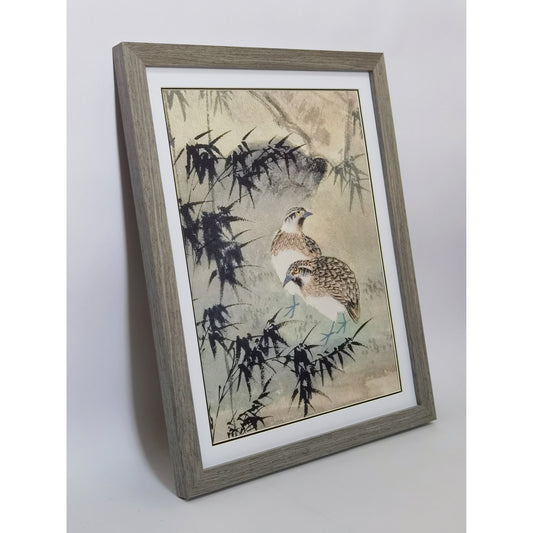Hand-painted Quails in Bamboo Forest Artwork – Watercolor Technique, Premium MATT Paper, Natural Wood Frame, Multiple Sizes & Colors