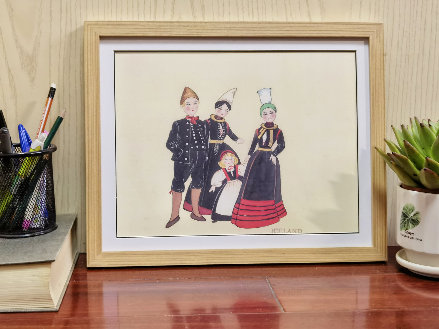 Iceland Folk Costume Handmade Painting Art Solid Wood Framed Poster Picture Print Artwork - Free Shipping