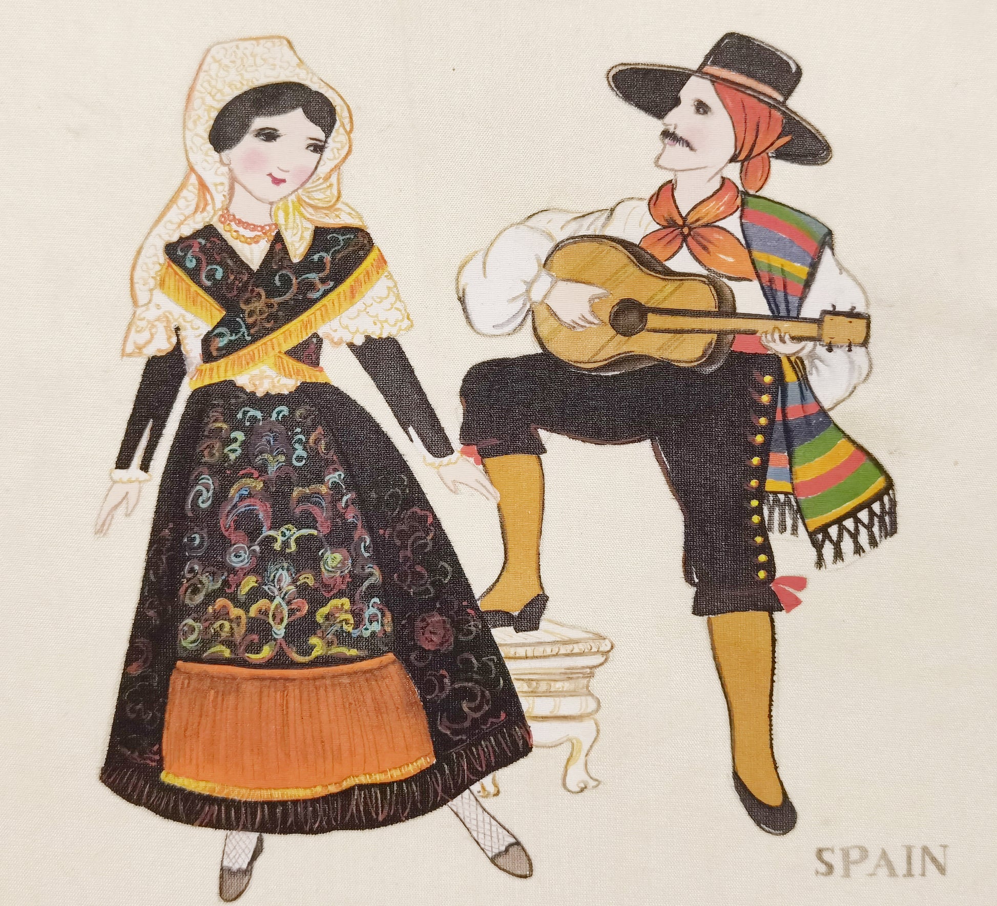 Spain Folk Costume Handmade Art Printing with Wood Frame