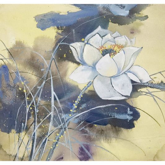 Hand-painted White Lotus Artwork – Watercolor Technique, Premium MATT Paper, Natural Wood Frame, Multiple Sizes & Colors