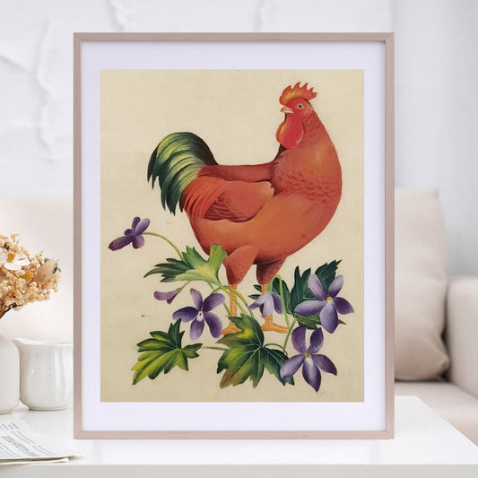 Grand Red Rooster Rhode Island State Bird Handmade Art Print with Wooden Frame