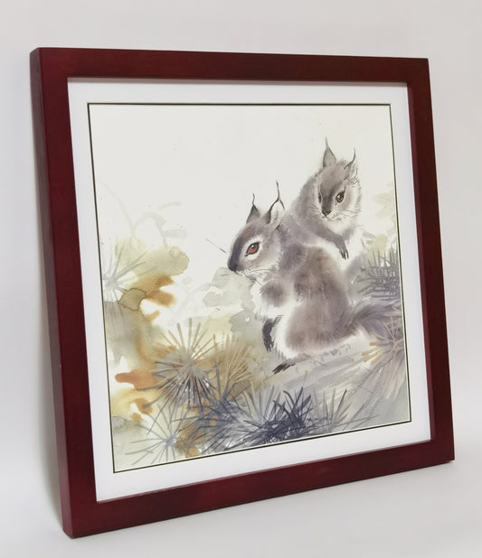 Squirrel Pinetrees Pineneedles Pinecones Landscape Handmade Painting Art Solid Wood Framed Poster Picture Print Artwork - Free Shipping