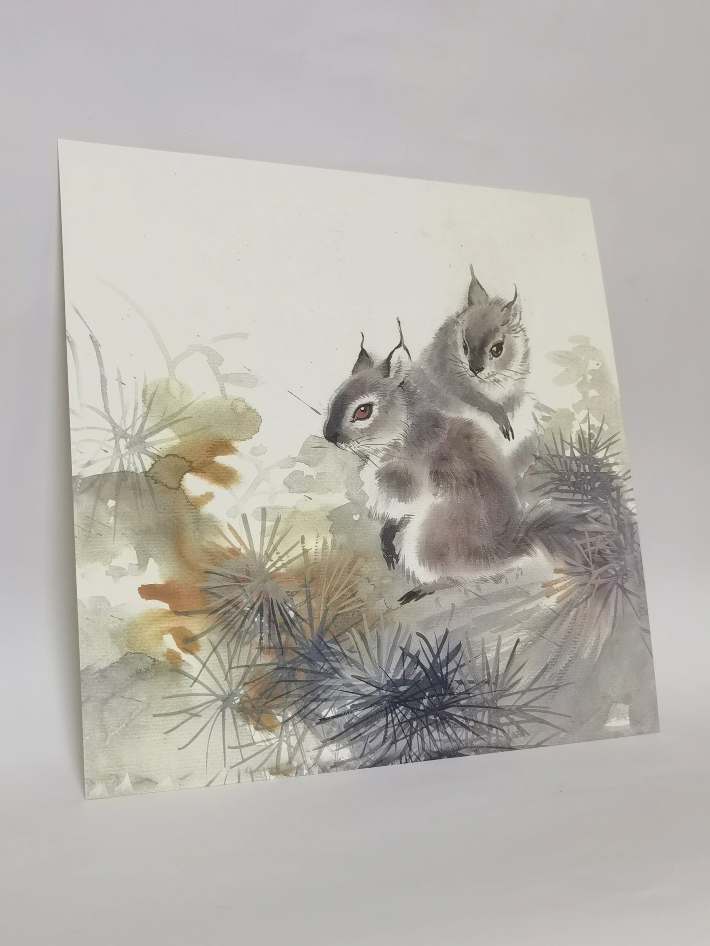 Eichhörnchen Kiefernbäume Kiefernnadeln Kiefernzapfen Landschaft handgemachte Malerei Kunst gerahmt Poster Bild Druck Kunstwerk - kostenloser Versand