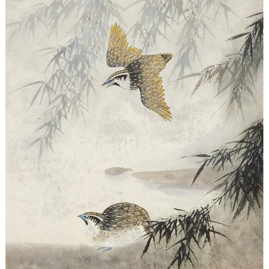 Hand-painted Quails in Bamboo Forest – Watercolor Art Print, Premium MATT Paper, Natural Wood Frame, Custom Sizes & Colors