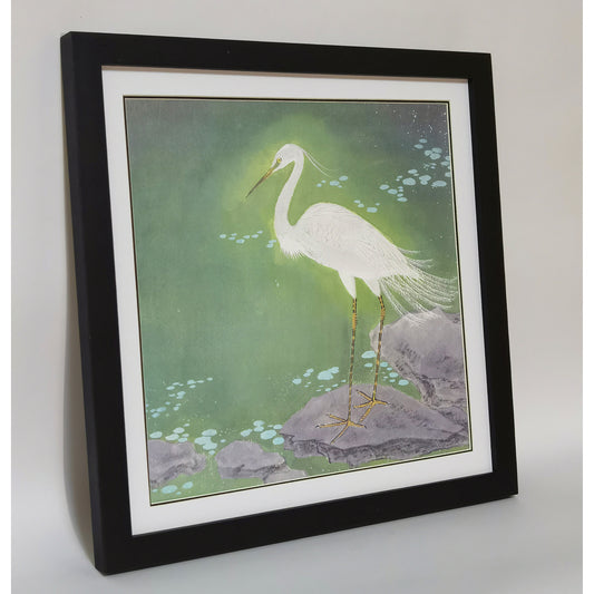 Hand-painted White Egret by Pond Artwork – Watercolor Technique, Premium MATT Paper, Natural Wood Frame, Multiple Sizes & Colors