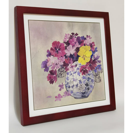 Hand-painted Blue and White Porcelain Vase with Colorful Chrysanthemums – Fine Brush Technique, Premium MATT Paper, Natural Wood Frame, Custom Sizes & Colors