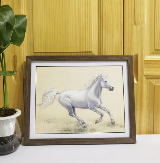 Hand-painted White Stallion Artwork – Fine Brush Technique, Premium MATT Paper, Natural Wood Frame, Multiple Sizes & Colors
