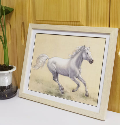 White Horse Handmade Painting Art Solid Wood Framed Poster Picture Print Artwork