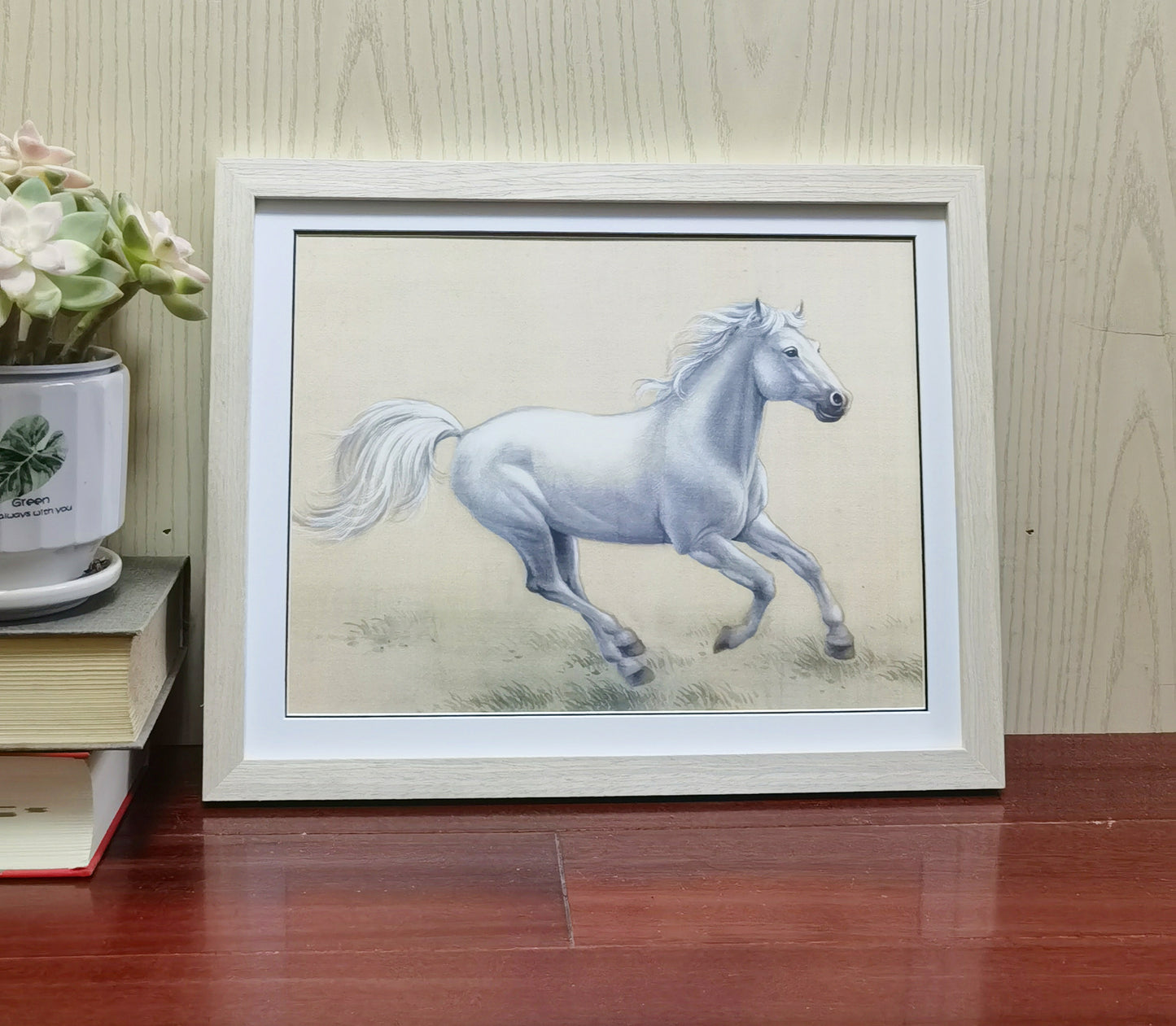 Cuadro artístico hecho a mano con diseño de caballo blanco, póster enmarcado, imagen impresa, obra de arte - Envío gratuito