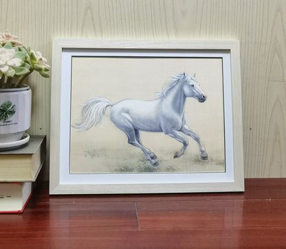 White Horse Handmade Painting Art Solid Wood Framed Poster Picture Print Artwork