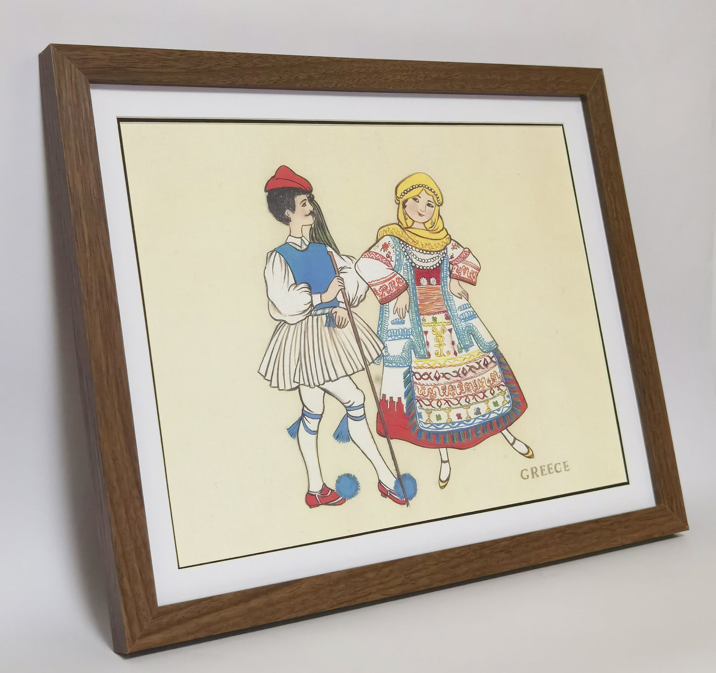 Greece Folk Costume Handmade Painting Art Solid Wood Framed Poster Picture Print Artwork - Free Shipping