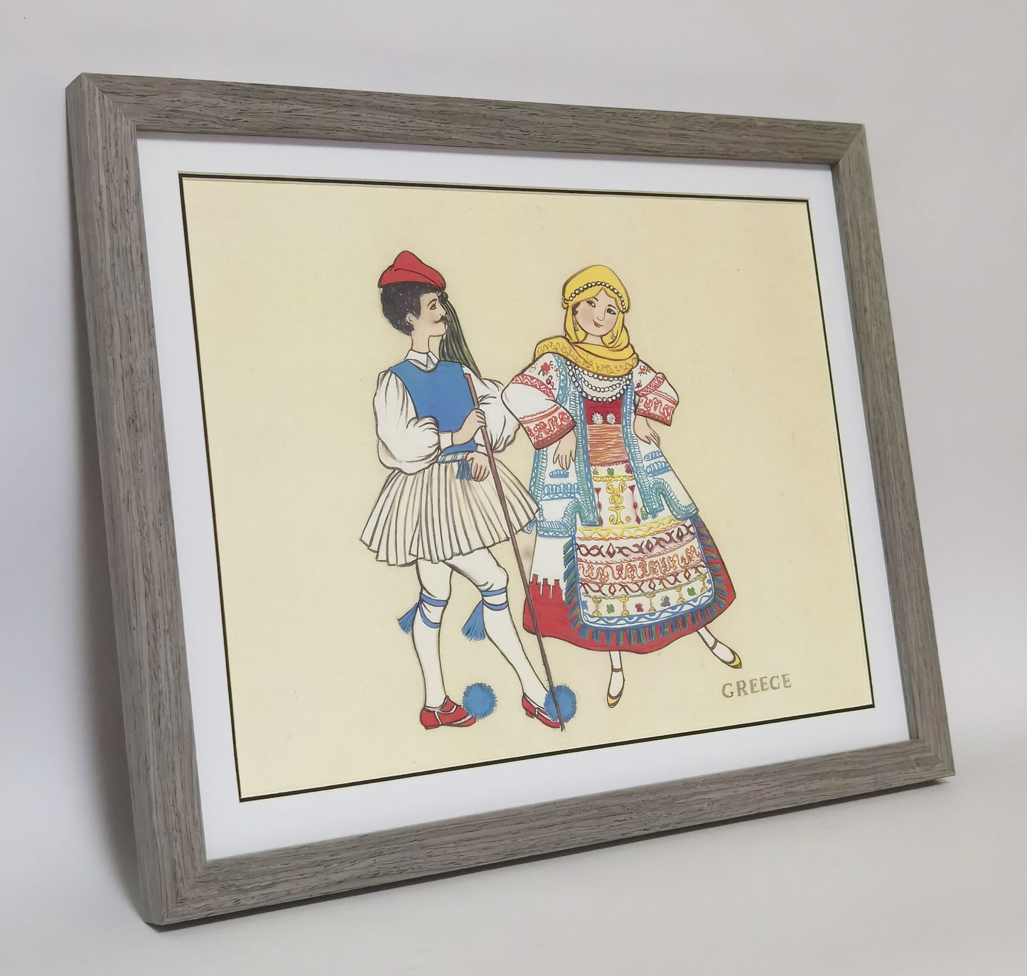 Greece Folk Costume Handmade Painting Art Solid Wood Framed Poster Picture Print Artwork - Free Shipping