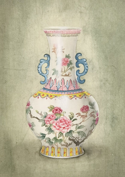 China porcelain famille rose vase Perception Handmade Art Printing Chinesestyle Stilllife Pinkcolor with Wood Frame