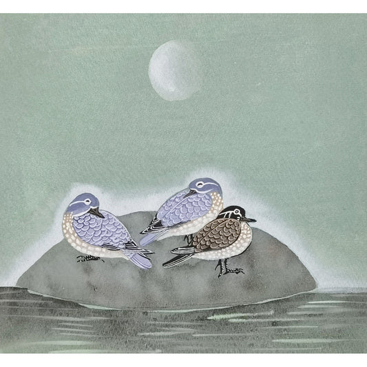 Hand-painted Waterbirds on Rock in Moonlit Night – Watercolor Art Print, Premium MATT Paper, Natural Wood Frame, Custom Sizes & Colors