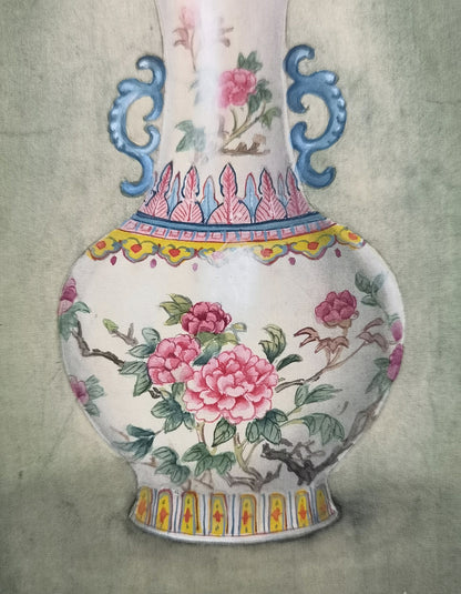 China porcelain famille rose vase Perception Handmade Art Printing Chinesestyle Stilllife Pinkcolor with Wood Frame