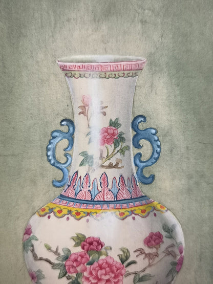 China porcelain famille rose vase Perception Handmade Art Printing Chinesestyle Stilllife Pinkcolor with Wood Frame