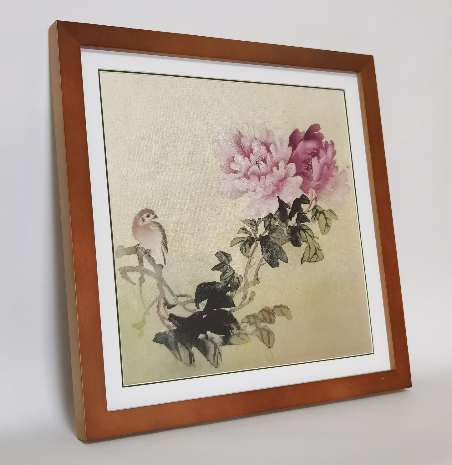 Shrike Bird Subshrubby Peony Flower Handmade Painting Art Solid Wood Framed Poster Picture Print Artwork