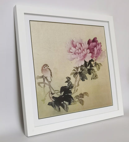 Shrike Bird Subshrubby Peony Flower Handmade Painting Art Solid Wood Framed Poster Picture Print Artwork