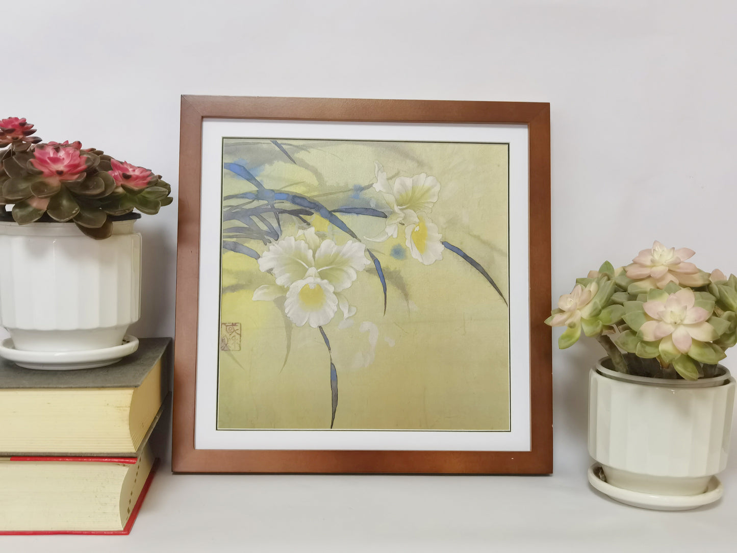 White Cymbidium Flowers Handmade Painting Art Solid Wood Framed Poster Picture Print Artwork - Free Shipping