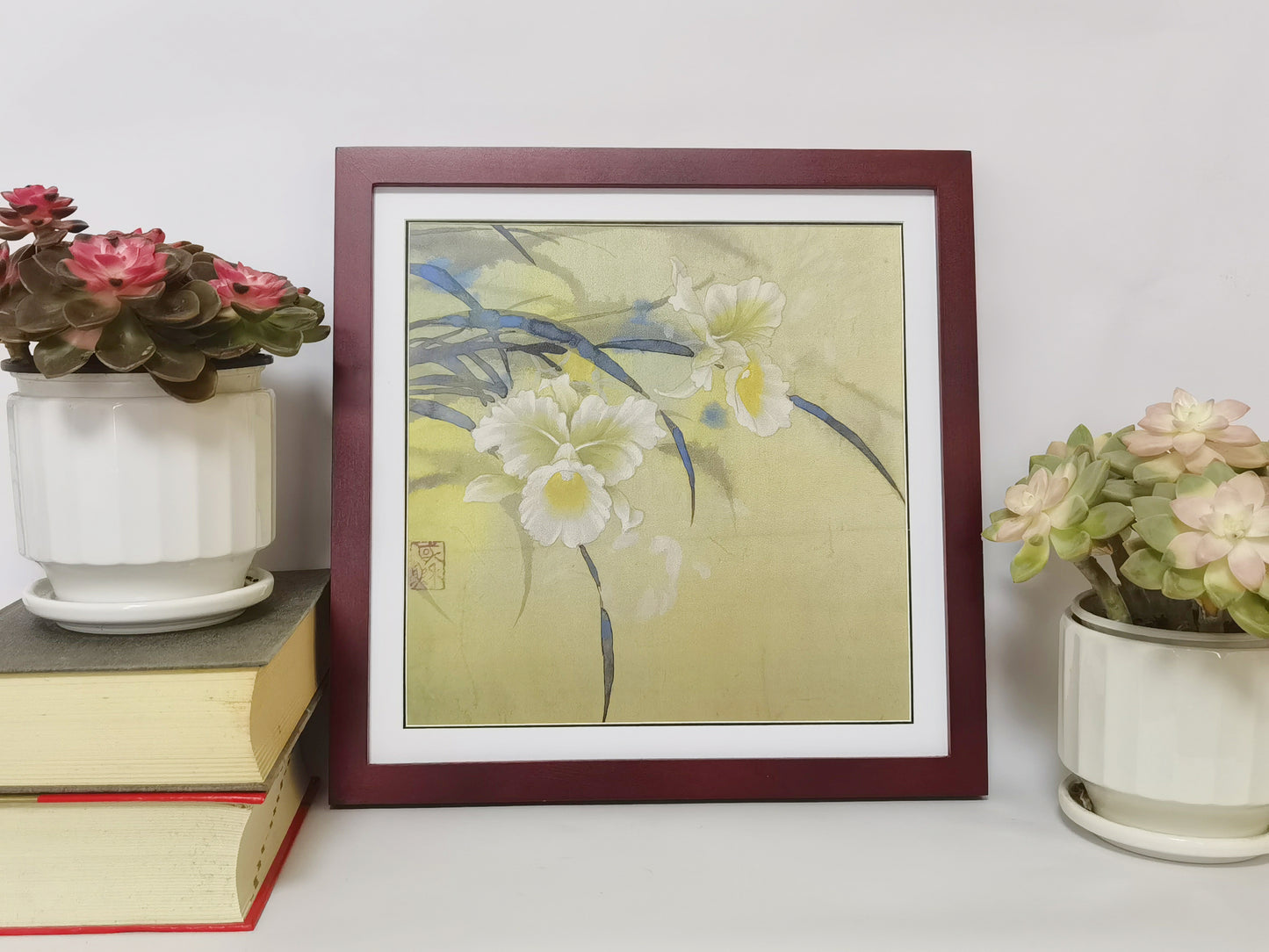 White Cymbidium Flowers Handmade Painting Art Solid Wood Framed Poster Picture Print Artwork - Free Shipping