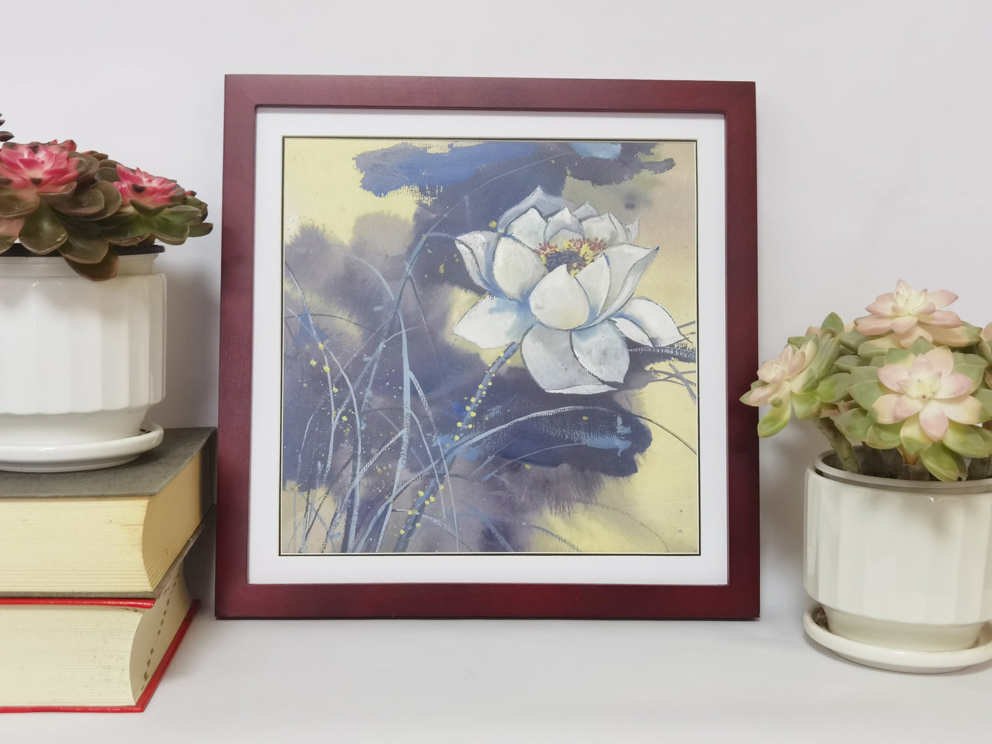 White Lotus Flowers Landscape Handmade Painting Art Solid Wood Framed Poster Picture Print Artwork - Free Shipping