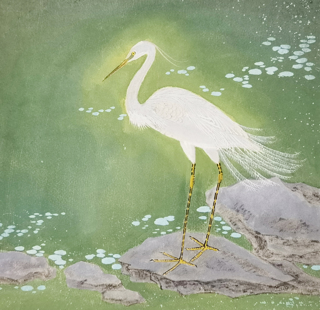 Egret Vividland Handmade Art Printing Duckweed Pond with Wood Frame