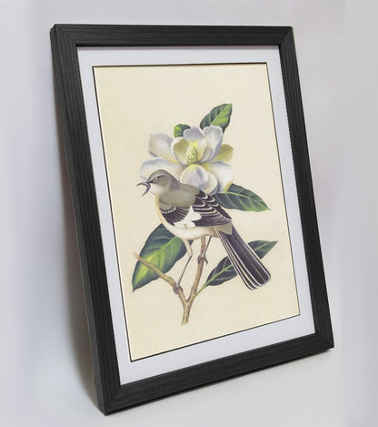 Mississippi Mockingbird Hand-painted Art Print - Premium MATT Paper, Natural Wood Frame, Wall &amp; Tabletop Décor, Multiple Sizes & Colors Available