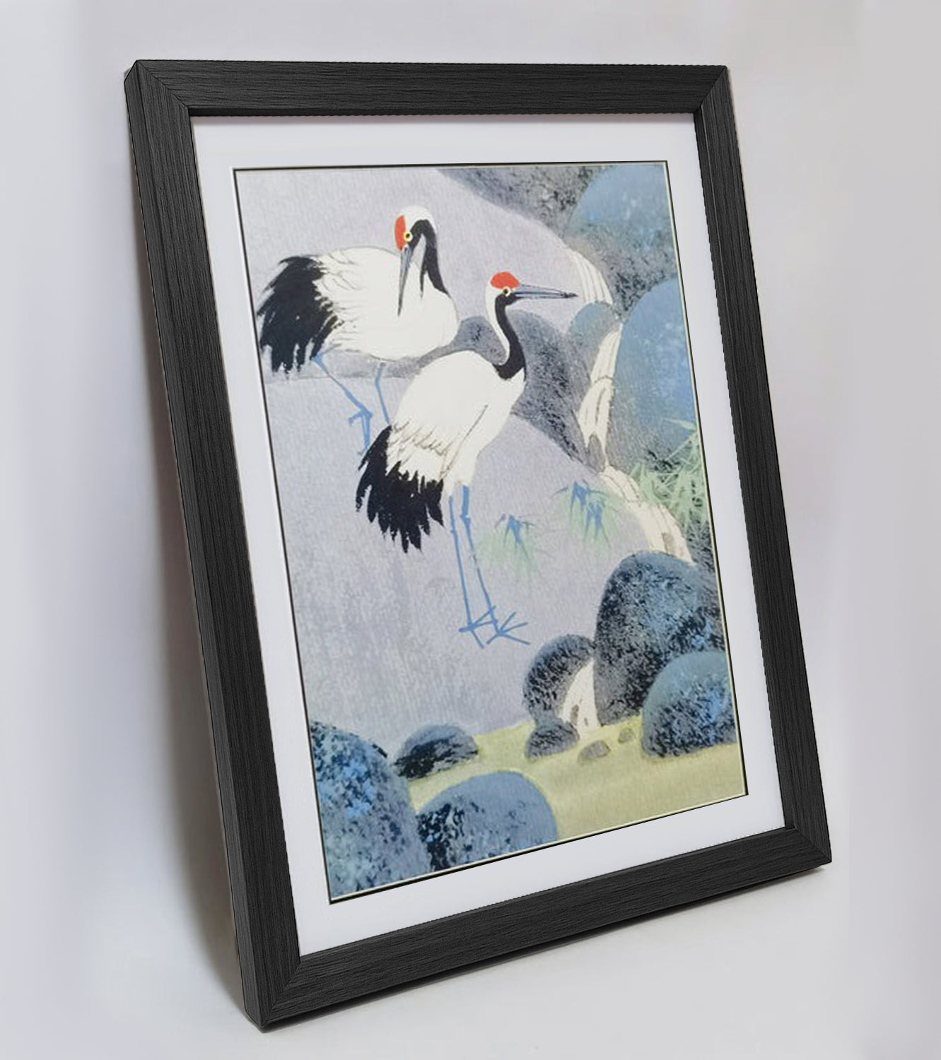 Hand-painted Cranes by Waterfall Artwork – Watercolor Technique, Premium MATT Paper, Natural Wood Frame, Multiple Sizes & Colors