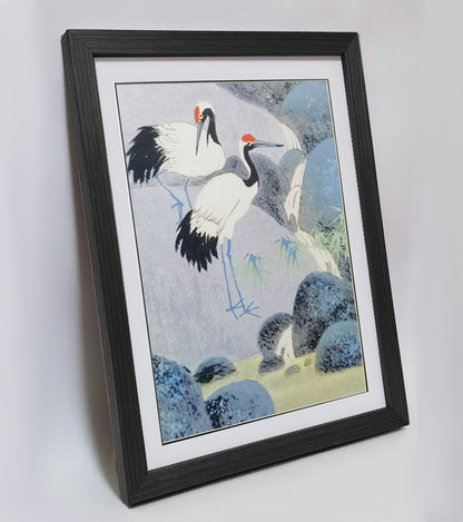 Hand-painted Cranes by Waterfall Artwork – Watercolor Technique, Premium MATT Paper, Natural Wood Frame, Multiple Sizes & Colors