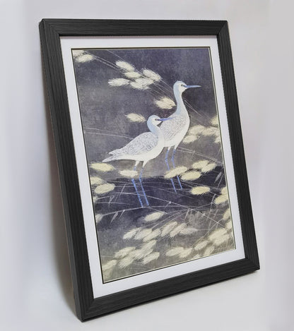 Hand-painted Blue Cormorant in Reed Bed Artwork – Watercolor Technique, Premium MATT Paper, Natural Wood Frame, Multiple Sizes & Colors