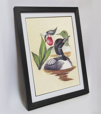 Minnesota Common Loon Hand-painted Art Print - Premium MATT Paper, Natural Wood Frame, Multiple Sizes & Colors, Wall & Tabletop Décor