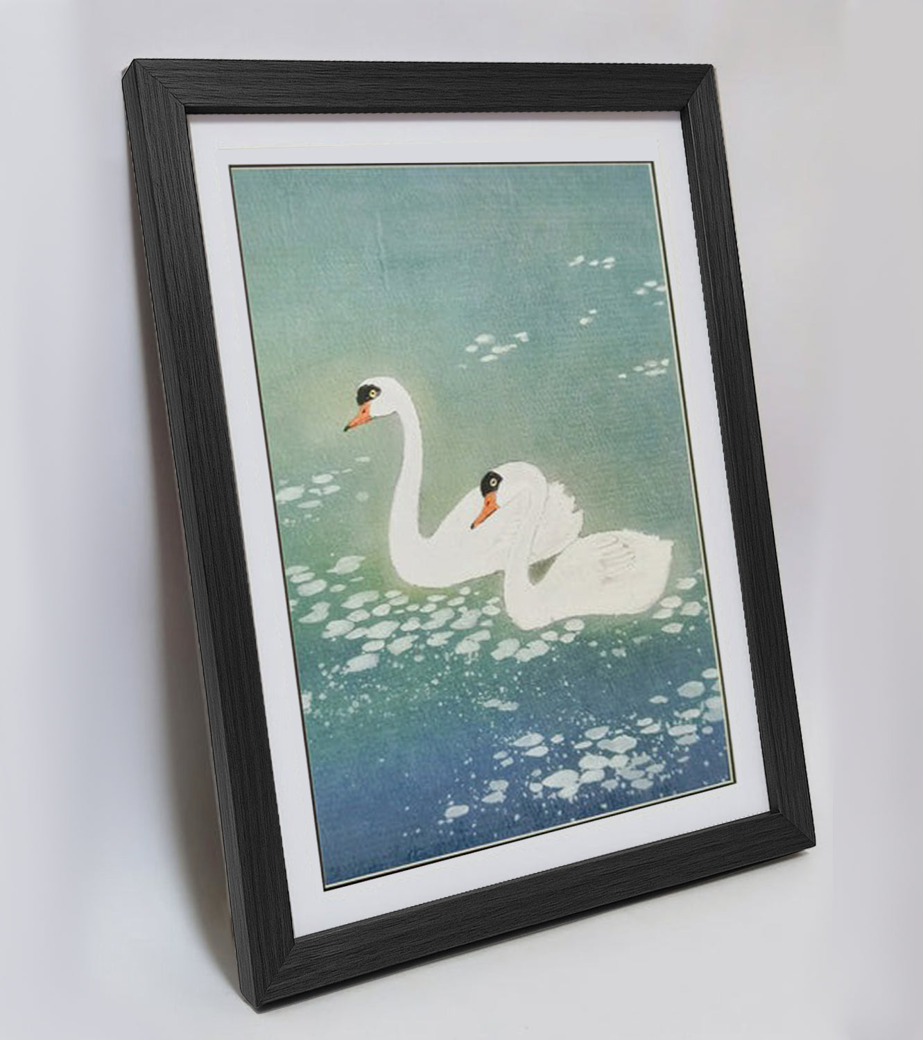 Hand-painted Pair of Swans on Blue Pond Artwork – Watercolor Technique, Premium MATT Paper, Natural Wood Frame, Multiple Sizes & Colors