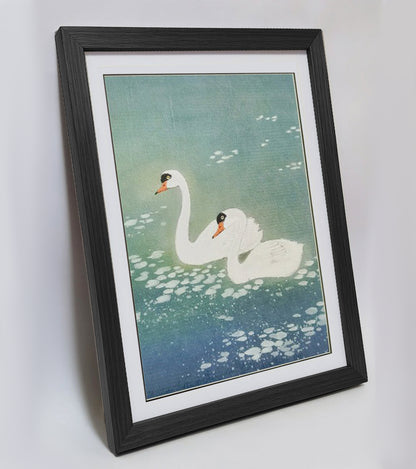 Hand-painted Pair of Swans on Blue Pond Artwork – Watercolor Technique, Premium MATT Paper, Natural Wood Frame, Multiple Sizes & Colors