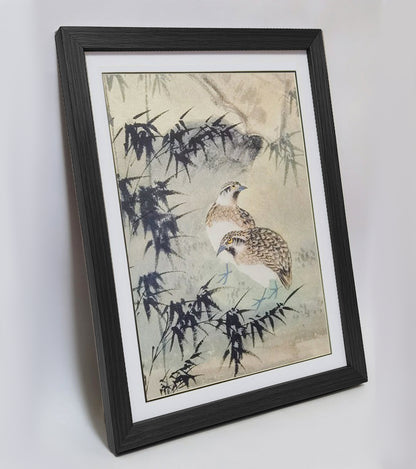 Hand-painted Quails in Bamboo Forest Artwork – Watercolor Technique, Premium MATT Paper, Natural Wood Frame, Multiple Sizes & Colors